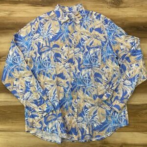 J. McLaughlin Linen Shirt XXL Palm Print Tropical Button Down Blue Tan XLG